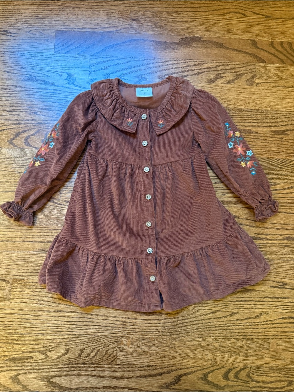 Little Co Corduroy Tiered Dress with Floral Embroidery 2T